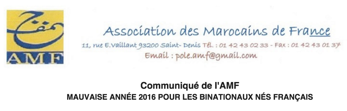 Communiqué de l'AMF MAUVAISE ANNÉE 2016 POUR LES BINATIONAUX NÉS FRANÇAIS